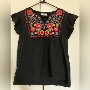 THML Embroidered Women's Top, Size Large. Black with Multicolored Details